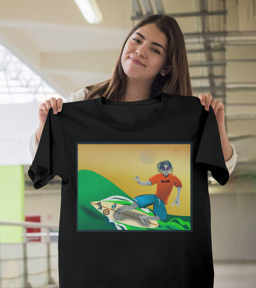 A&L Alien Surfer On Cosmic Waves With Vibrant Sunset T-Shirt