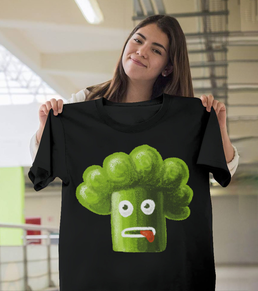 Green Silly Broccoli Head with Funny Face T-Shirt