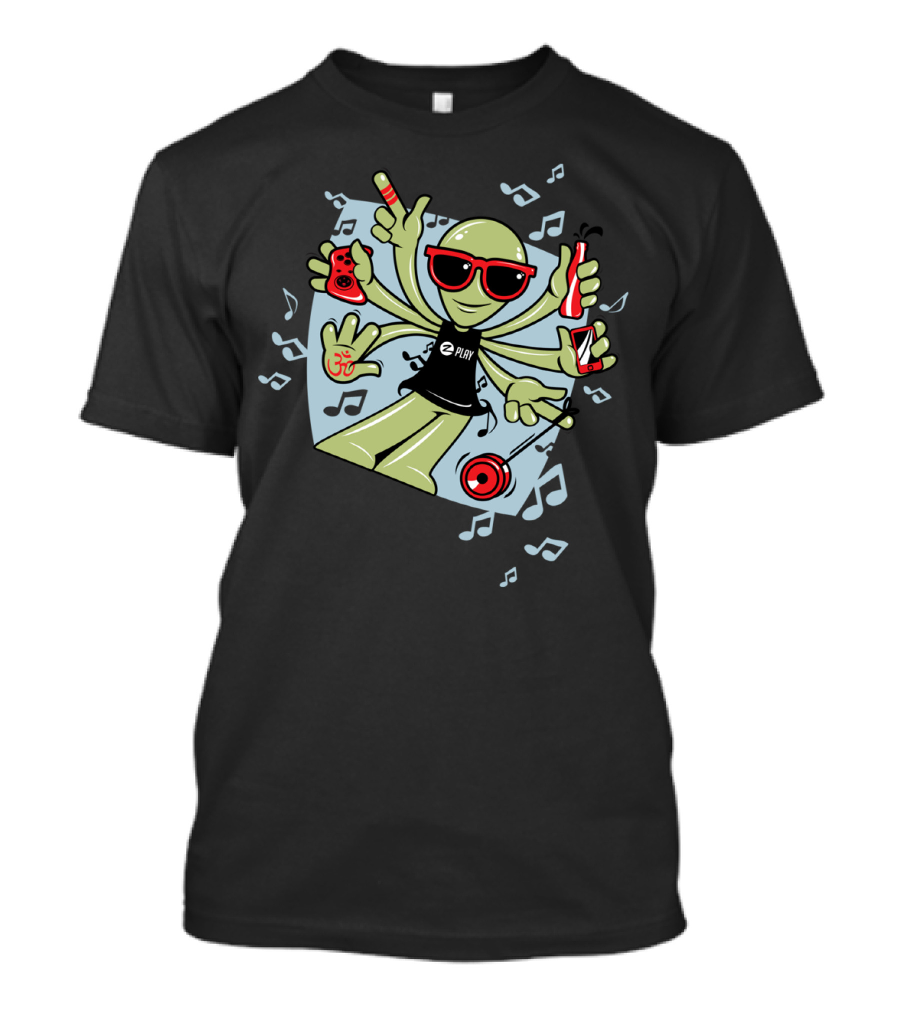 ALIEN WAVE Evolution Of Rave Party Vibes Multitasking Alien With Gadgets And Music Symbols T-Shirt