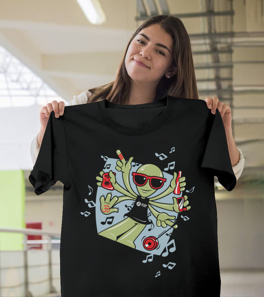 ALIEN WAVE Evolution Of Rave Party Vibes Multitasking Alien With Gadgets And Music Symbols T-Shirt