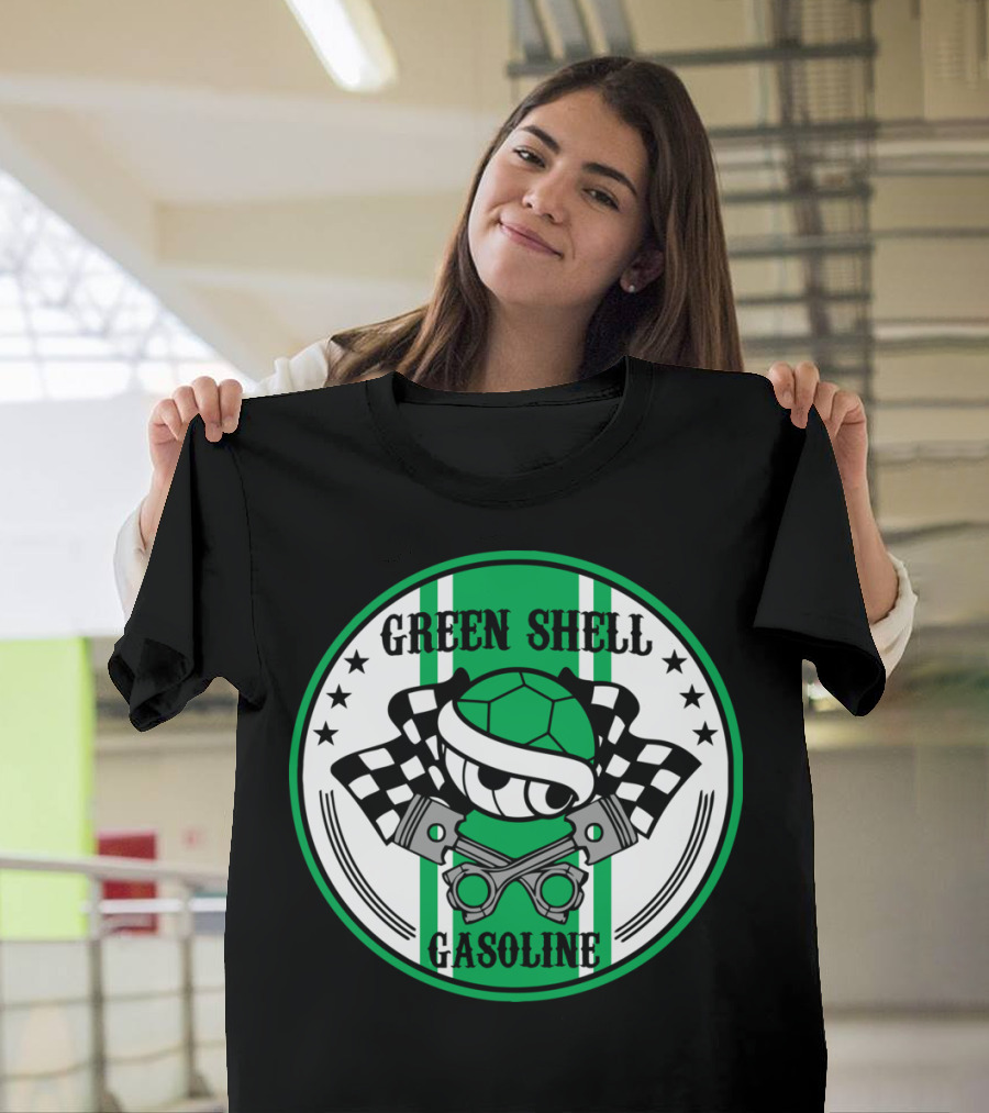 Green Shell Gasoline Racing Piston Checkered Flags T-Shirt