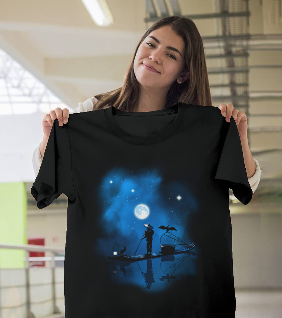 Fisherman Under Moonlit Sky with Cormorant Boat in China T-Shirt