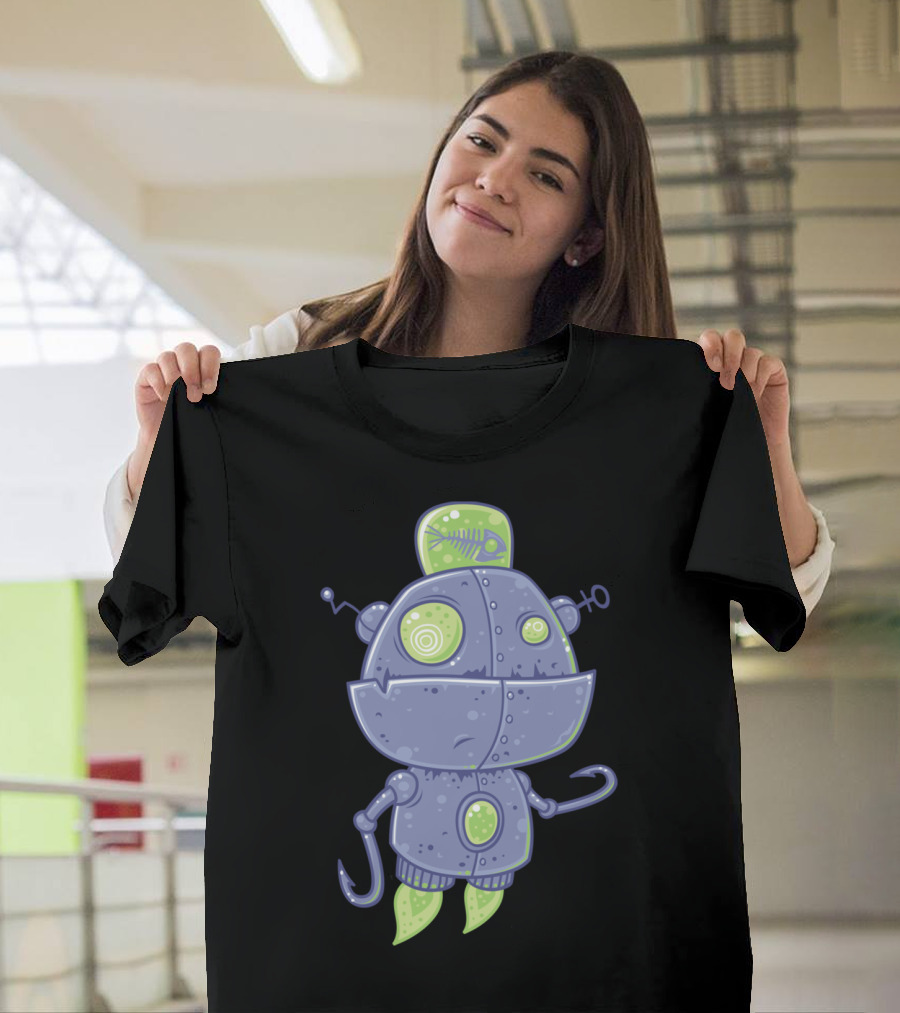 Fishing Robot with Green Fishbone Antenna and Hook Hands T-Shirt