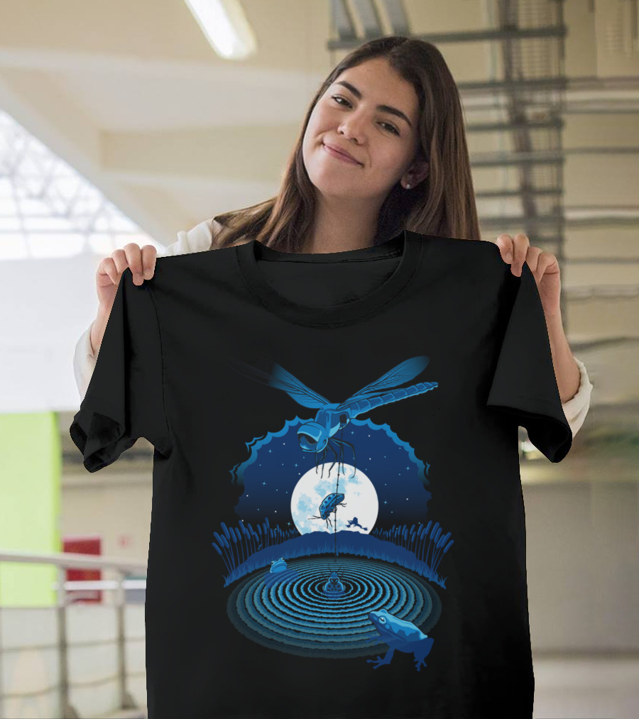 Leave No Man Behind Frogs Beneath Starry Sky and Full Moon with Dragonfly T-Shirt