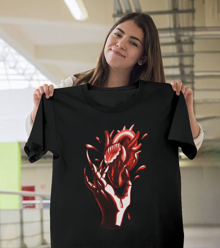 All Red Hand Holding Heart with Blood Splatter T-Shirt