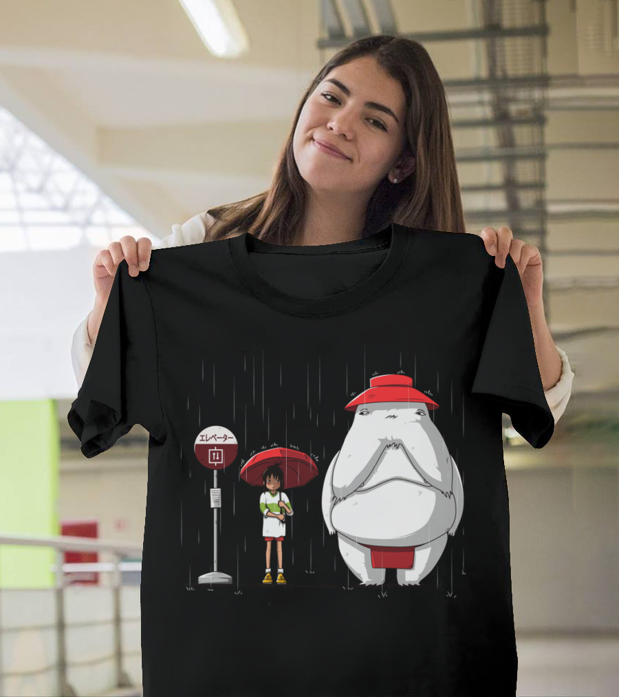 Spirited Away Elevator Anime Parody with Umbrella and Creature in Rain T-Shirt