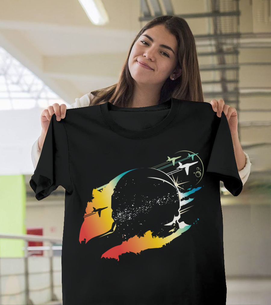 Colorful Astronaut Space Walk Shuttle Pilot Galaxy with Planes and Stars T-Shirt