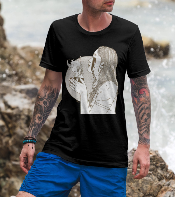 Deadly Consumption Woman With Crying Eyes Holding Demon Cup T-Shirt