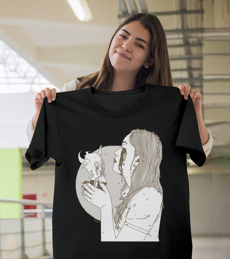 Deadly Consumption Woman with Crying Eyes Holding Demon Cup T-Shirt