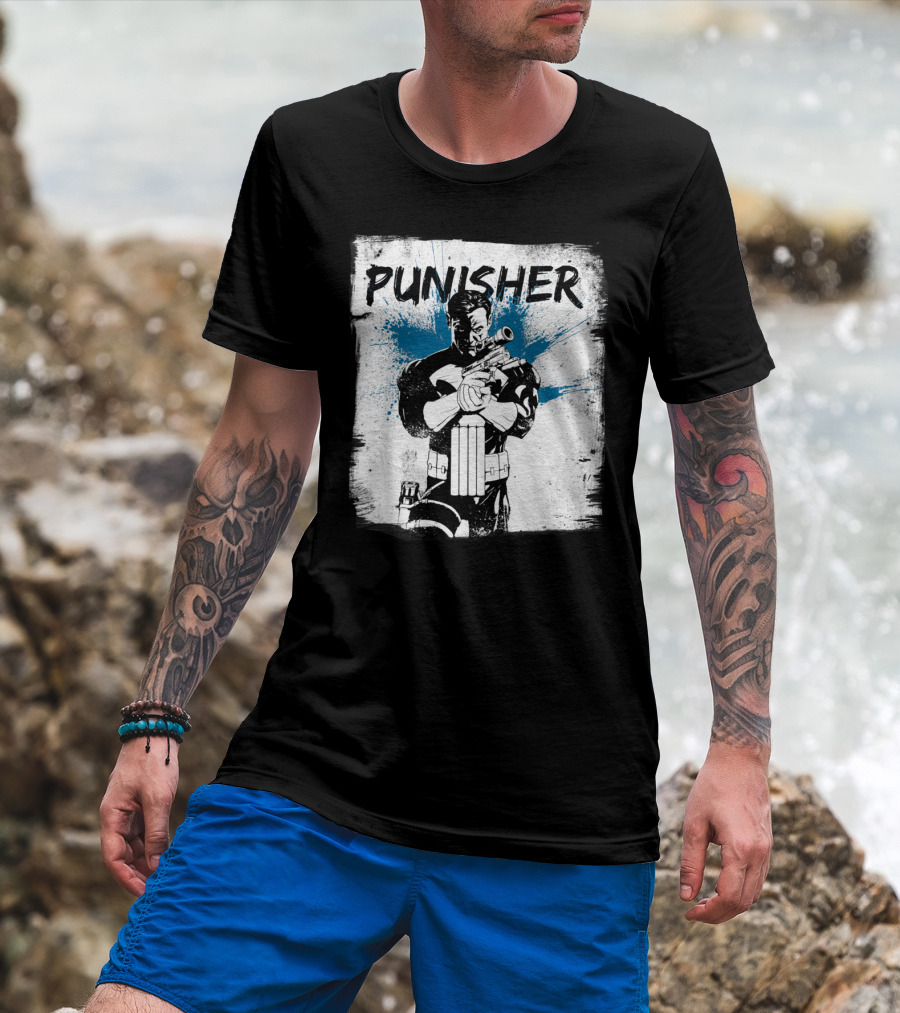 PUNISHER Paint Splatter Comic Style Blue Accents T-Shirt