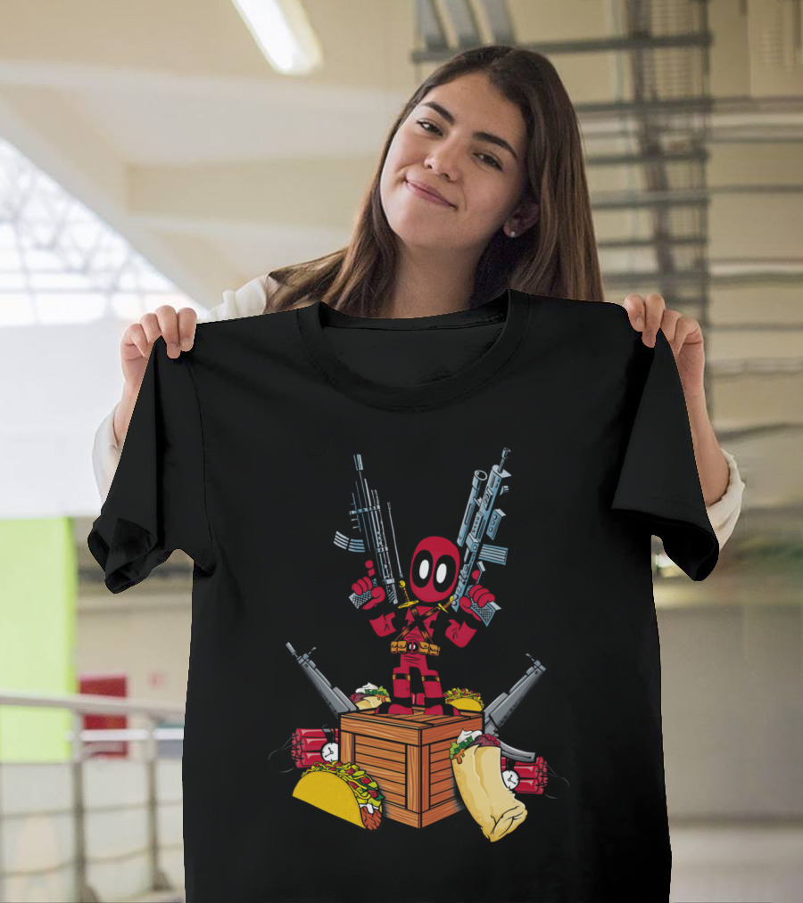 Deadpool Dual Wielding Tacos And Burrito On Crate With Guns And Dynamite T-Shirt