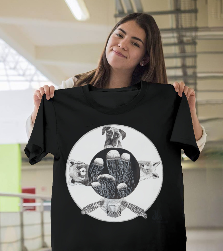 The World Terra Jellyfish Turtle Dog Racoon Fox by Peninked T-Shirt