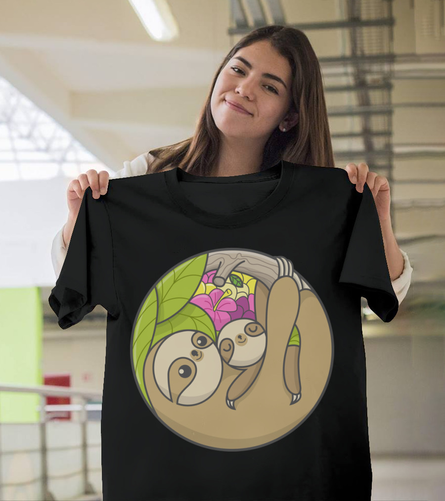 Hanging Together Cute Sloth Family with Leaf and Flowers T-Shirt