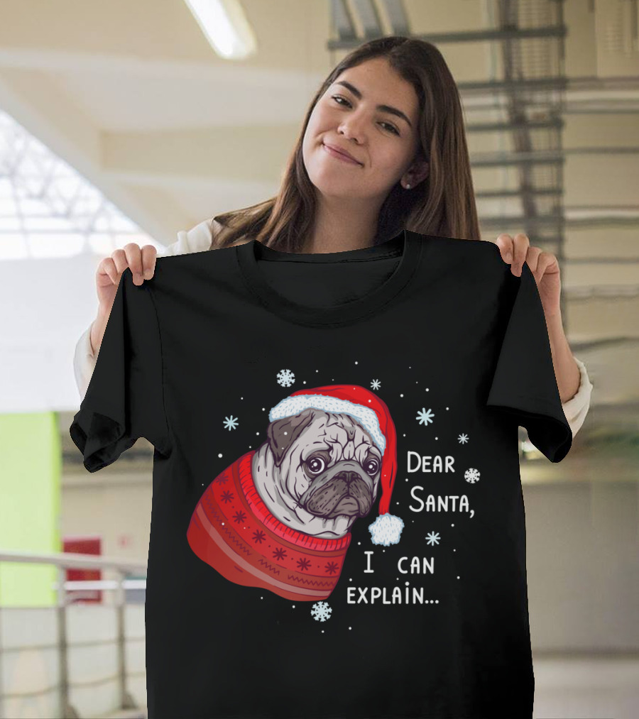Dear Santa I Can Explain Pug in Santa Hat with Snowflakes T-Shirt