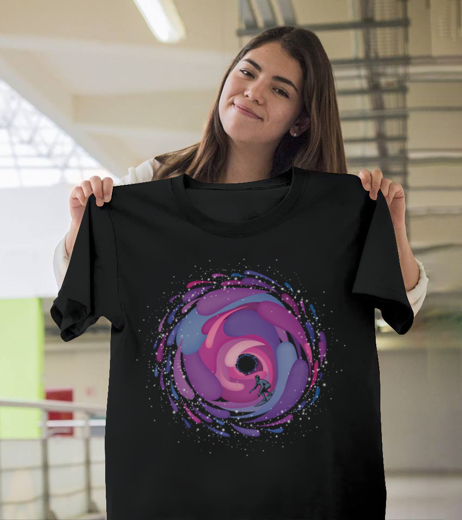 Surfer in Cosmic Swirl Black Hole Adventure T-Shirt