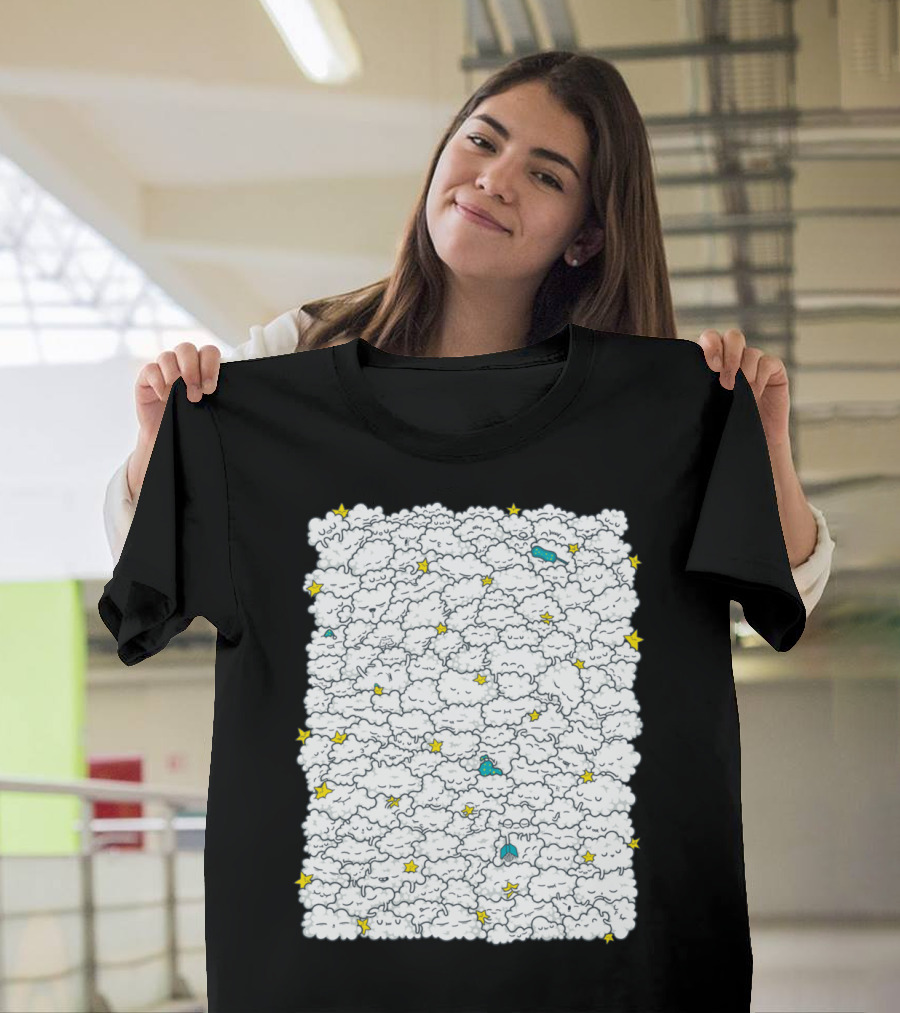 Starry Cloudy Night Pattern with Yellow Stars and Blue Accents T-Shirt