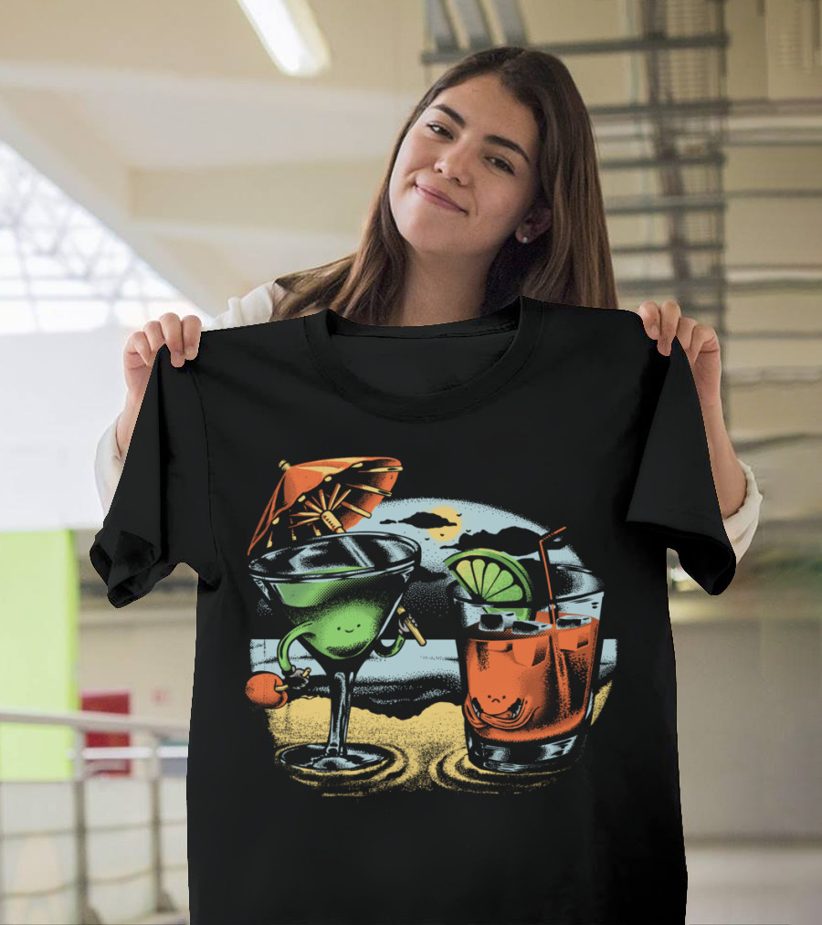 Beachfront Cocktail Companions with Sunset and Sand T-Shirt