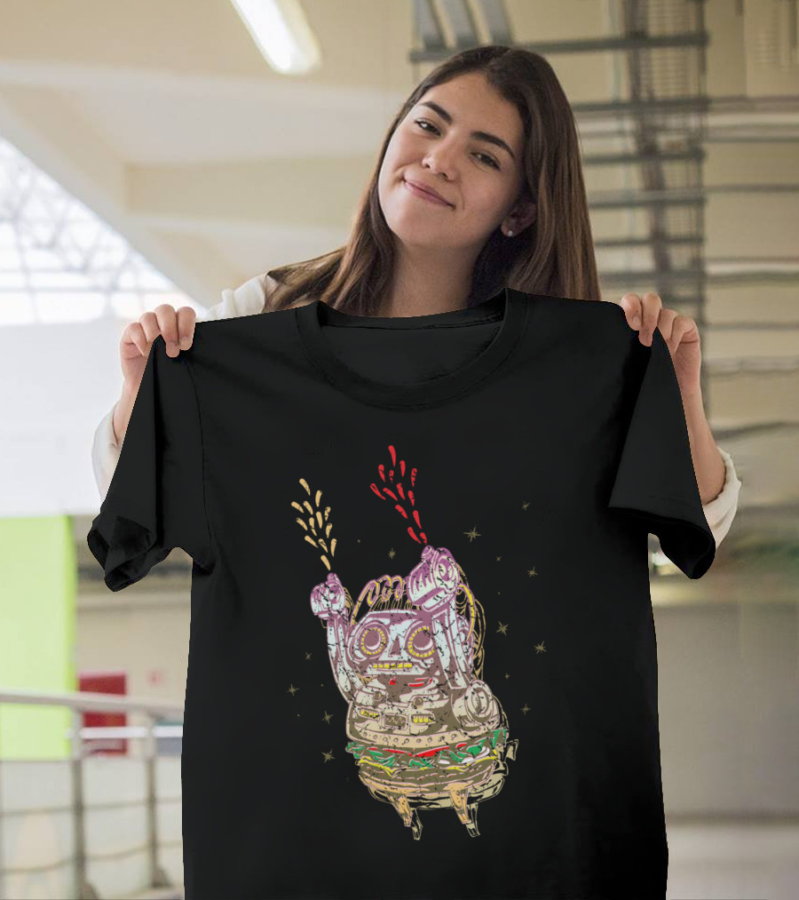 BurgBot Robotic Cheeseburger with Condiment Jets and Stars T-Shirt