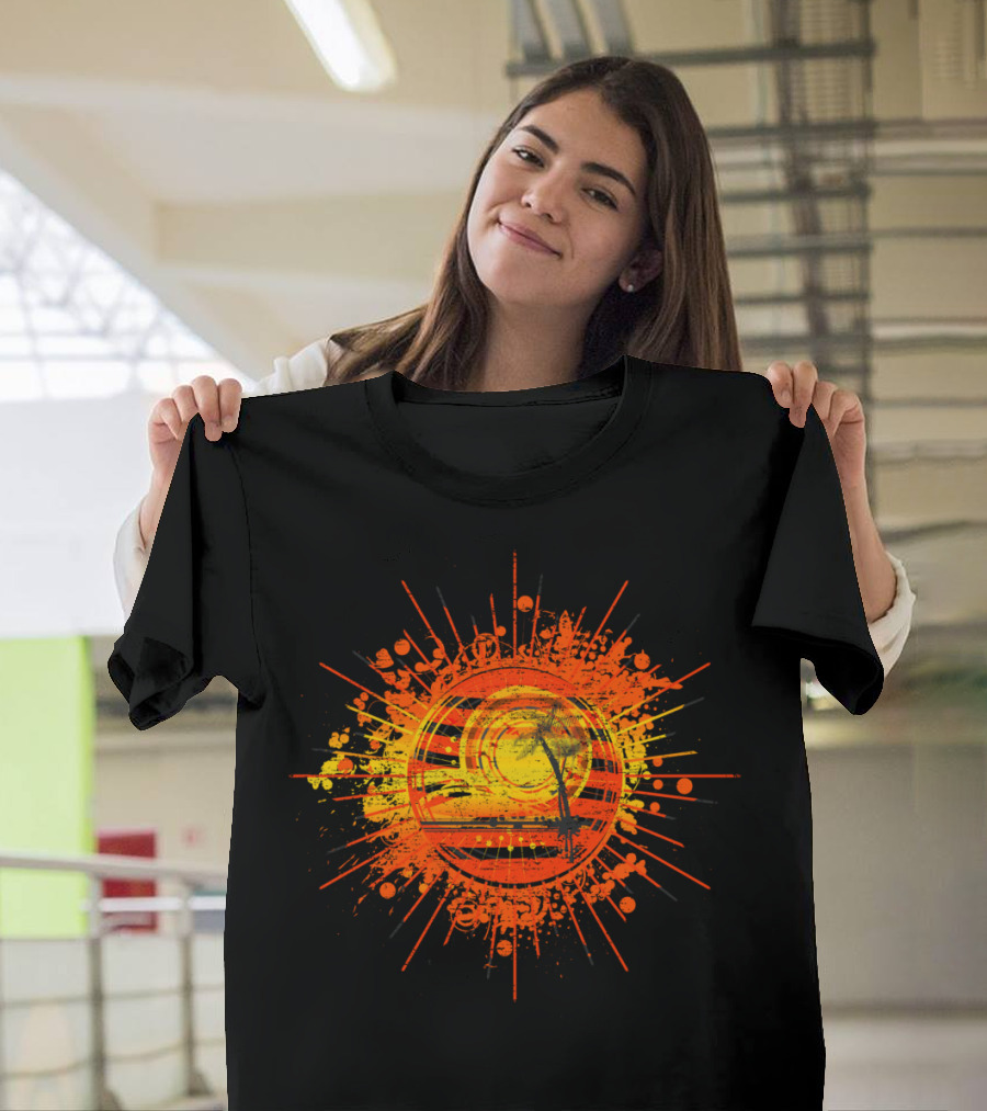 Summer Sunset Palm Trees Birds Flying in Orange and Yellow Burst T-Shirt