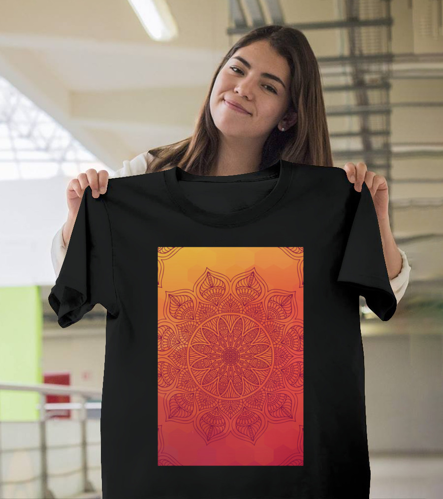 Sun Mandala Intricate Geometric Pattern in Vibrant Orange and Red Hues T-Shirt