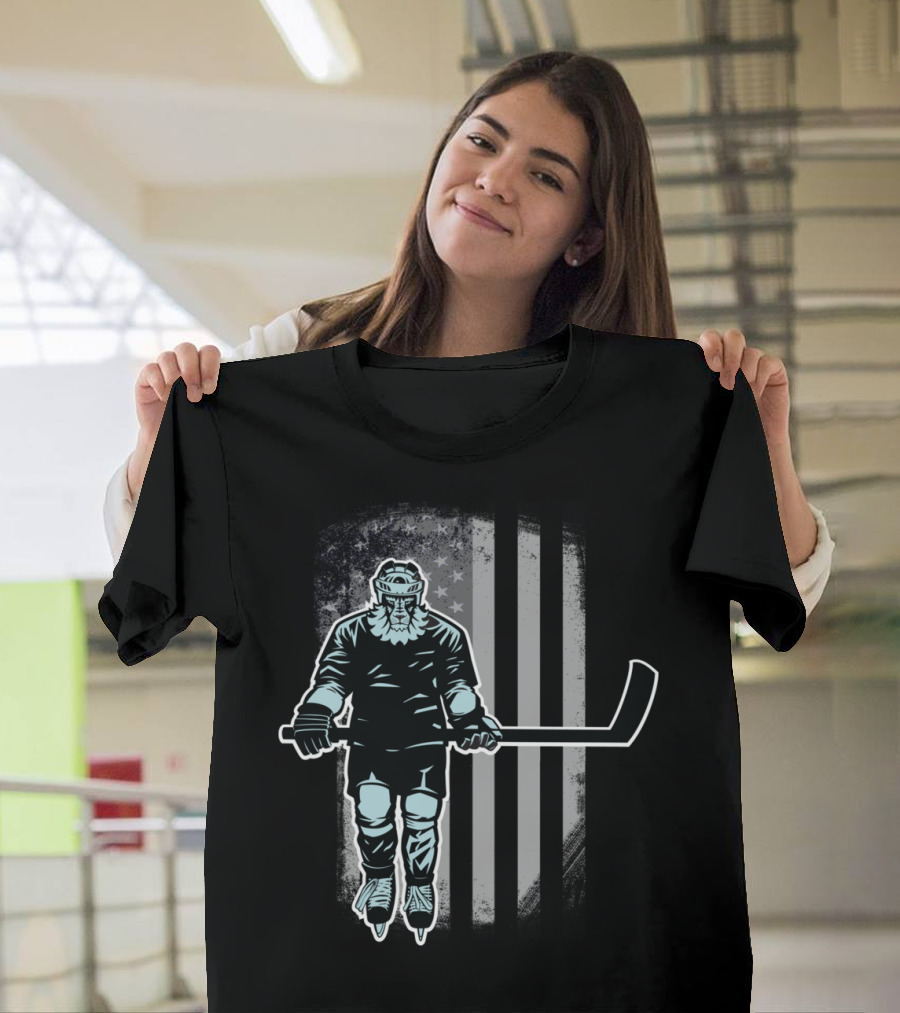 American Flag Lion Ice Hockey Player Star Stripes T-Shirt