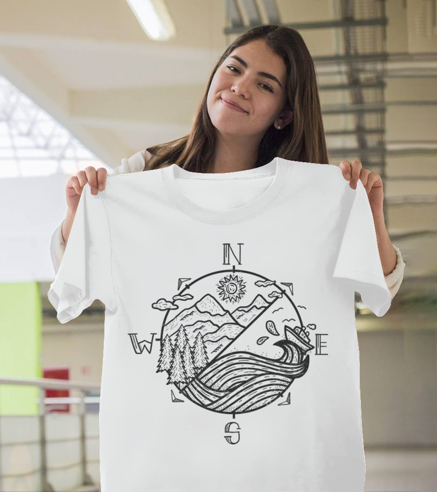 Compass North South East West Mountains Trees Waves Sun T-Shirt