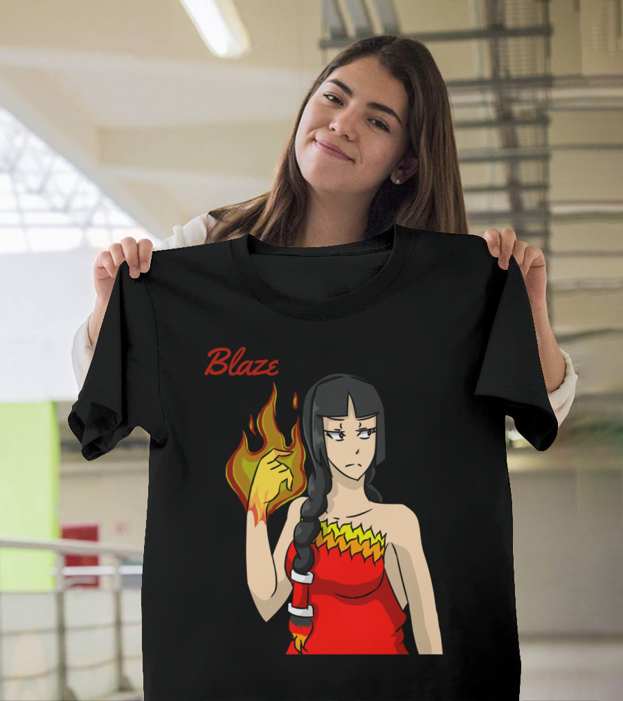 Blaze Flame-Wielding Character in Red Dress with Long Dark Braid T-Shirt