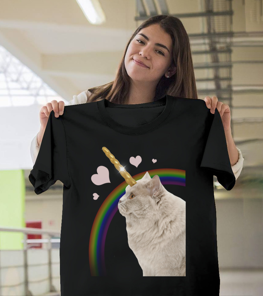 Unicorn Cat with Rainbow and Hearts T-Shirt