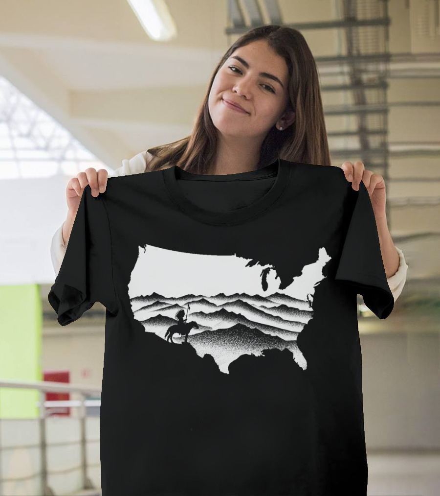 Native American Warrior on Horseback in Mountainous USA Map T-Shirt