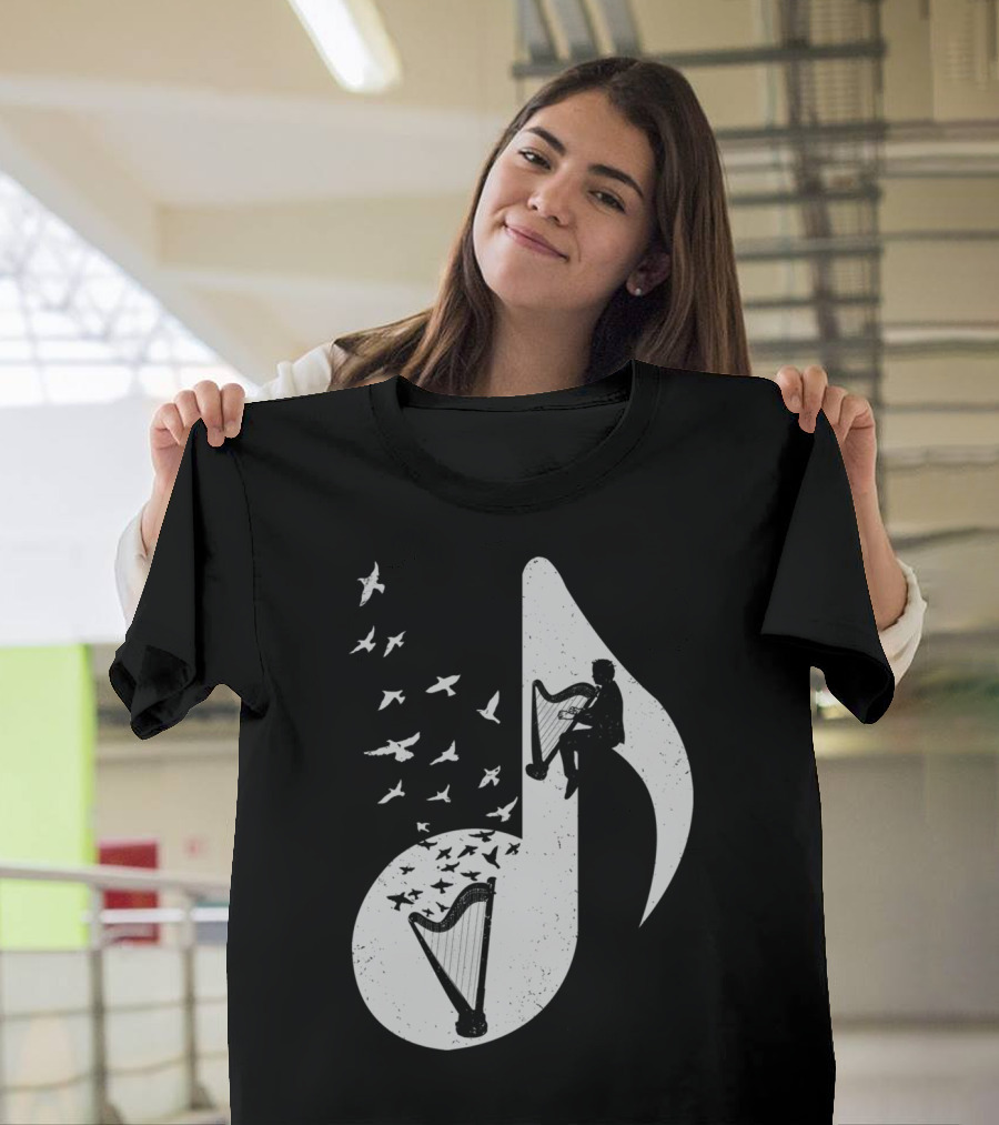 Silhouette Harp Musical Note with Birds T-Shirt
