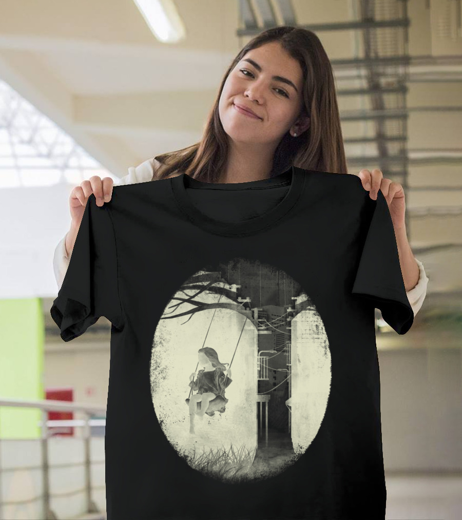 Lonely Swinging Girl in Industrial Landscape T-Shirt