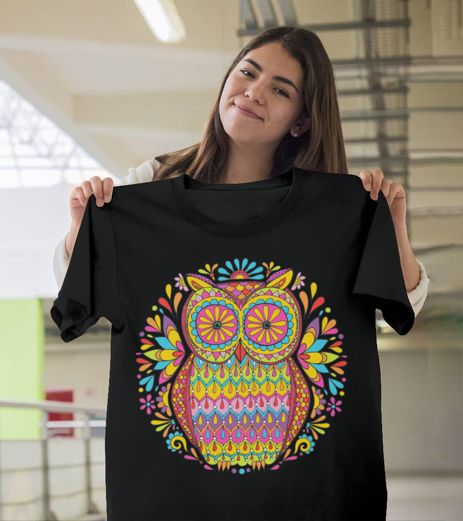 Psychedelic Hippie Owl Mandala Vibrant Colorful Retro T-Shirt
