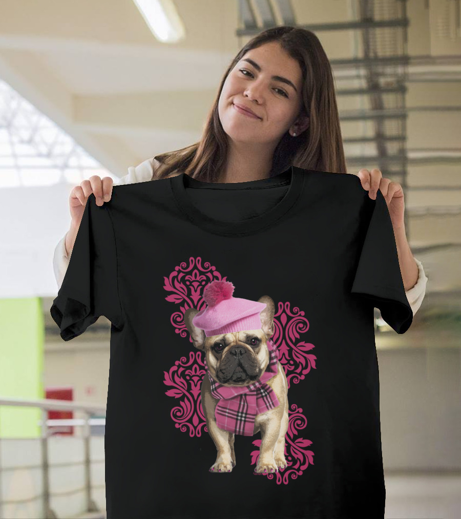 Chic Dog Pink Beret and Scarf with Ornate Floral T-Shirt