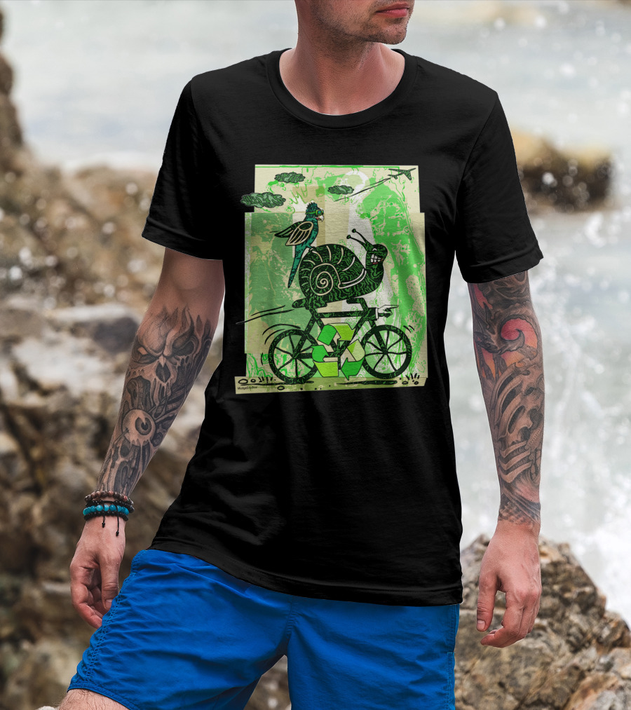 A Little Slow To Recycle Snail And Bird On Bicycle With Green Recycling Symbols T-Shirt