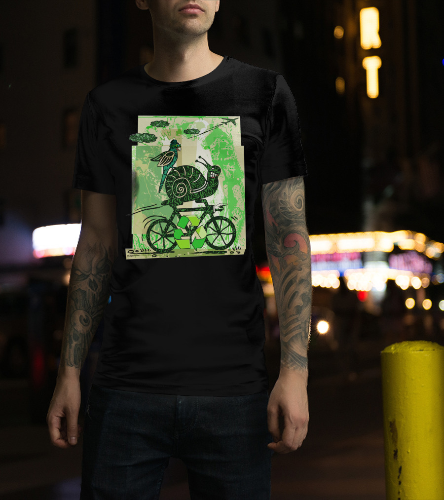 A Little Slow To Recycle Snail And Bird On Bicycle With Green Recycling Symbols T-Shirt