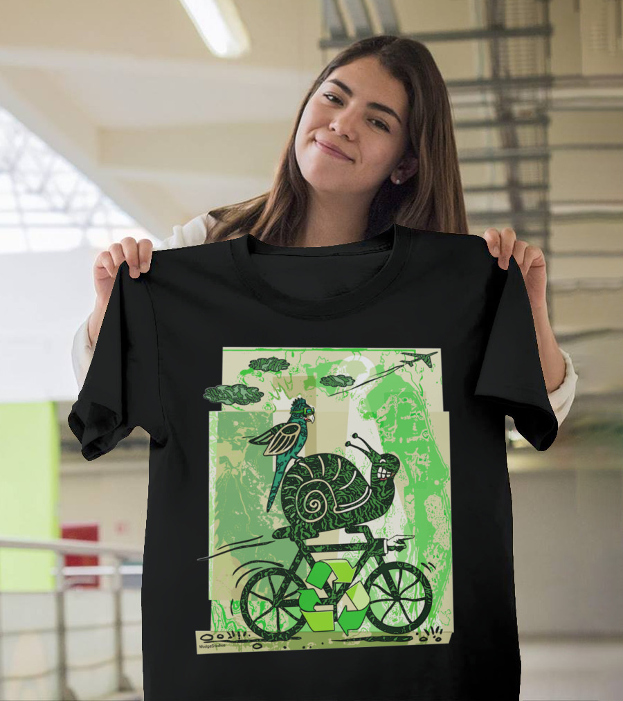 A Little Slow To Recycle Snail And Bird On Bicycle With Green Recycling Symbols T-Shirt