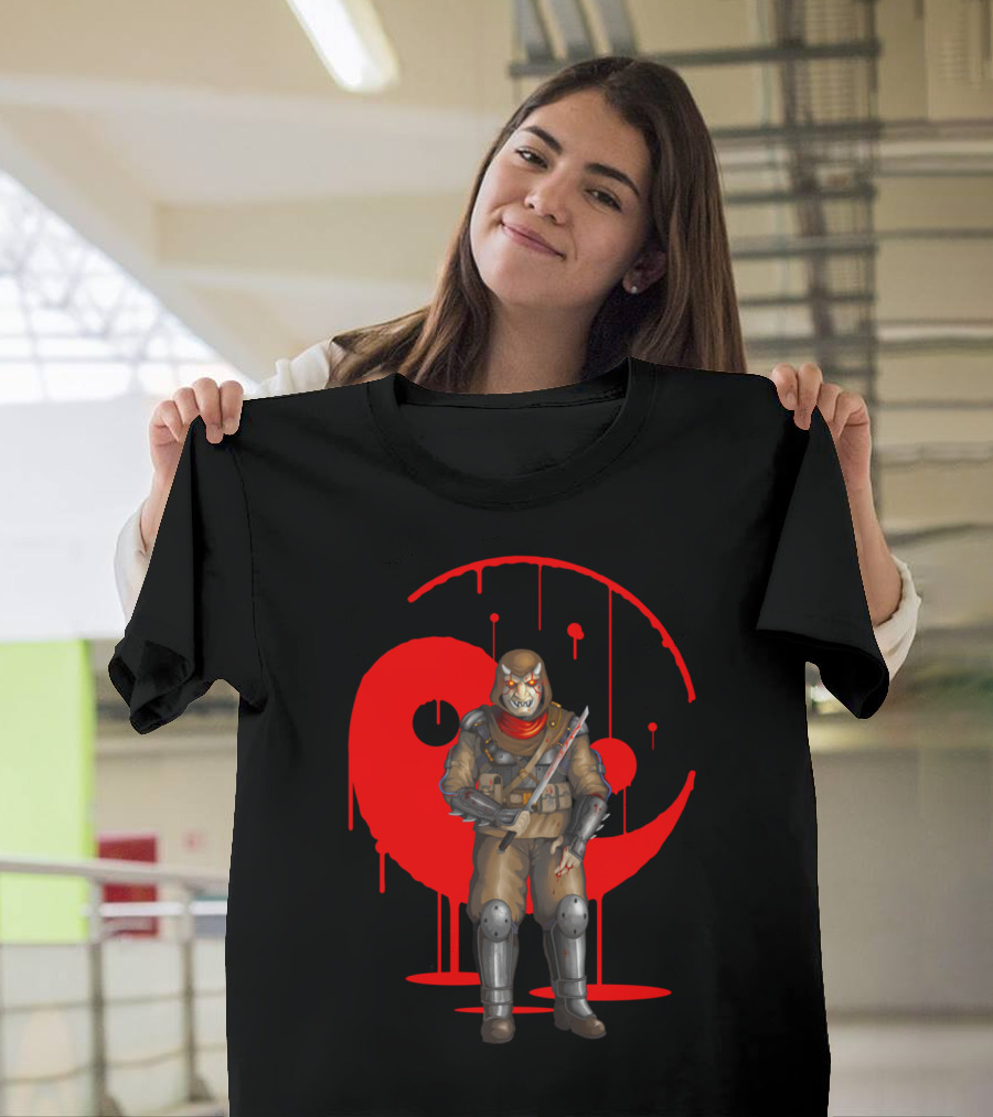 Demon of the Night Red Horror Warrior with Sword Black and Red Yin Yang T-Shirt
