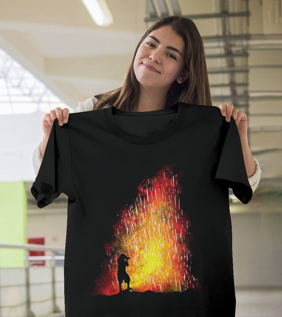 Eruption Volcano Silhouette Saxophone Player in Fiery Explosion T-Shirt