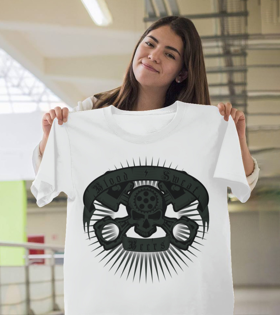 Blood Sweat Beers Skull and Pistons Iconography T-Shirt