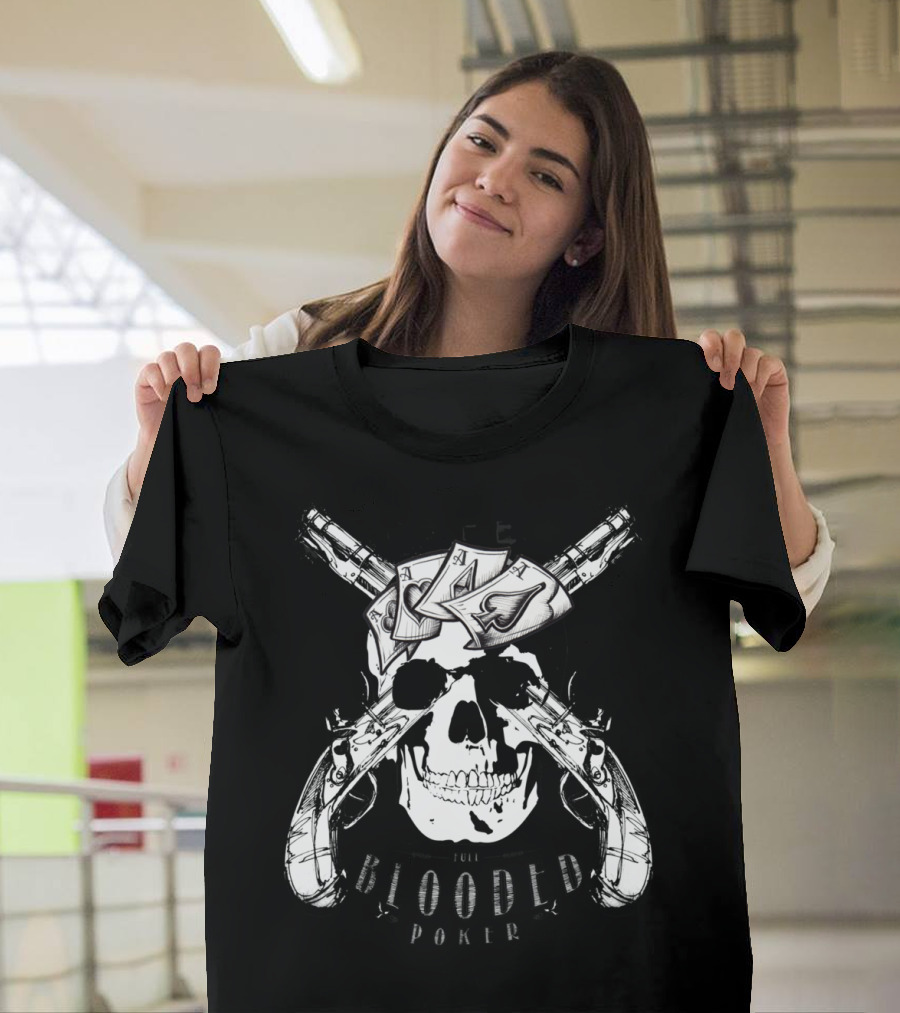 Skull with Crossed Pistols and Poker Cards Blooded Poker T-Shirt