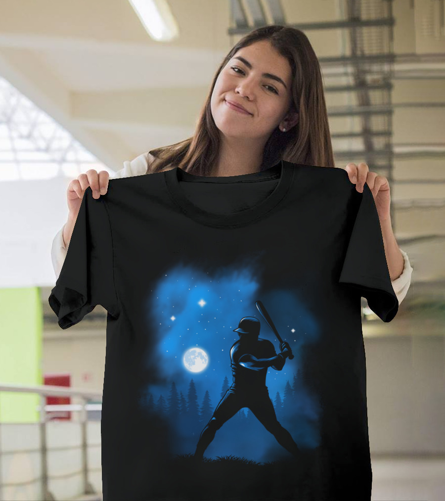 Baseball Player Silhouette Swinging Bat at Night Sky Moon and Stars T-Shirt