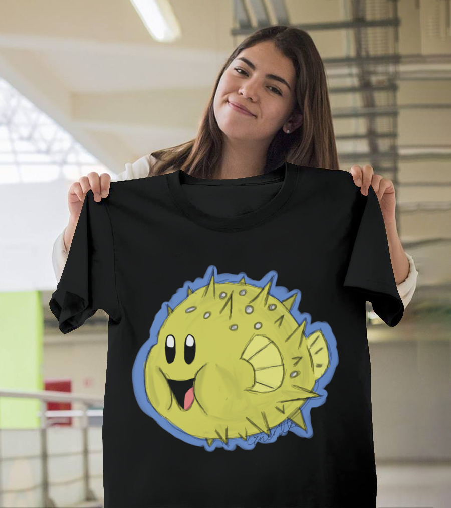 Blow Fish Stic Smiling Puffy Character with Yellow Spikes and Blue Outline T-Shirt