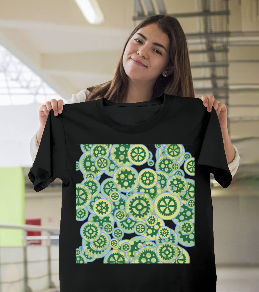 Random Green Gearwheels Pattern Overlapping Circles T-Shirt