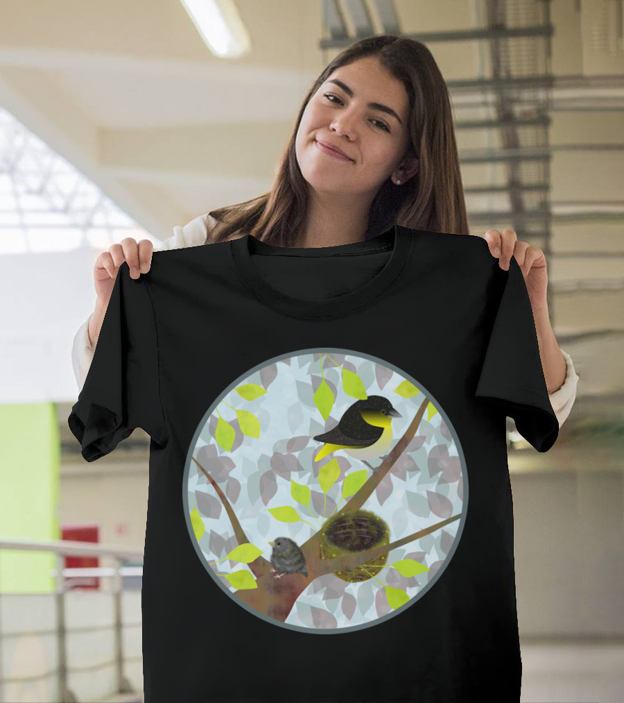 Nesting Goldfinches in Leafy Branches with Blue Sky and Nest T-Shirt