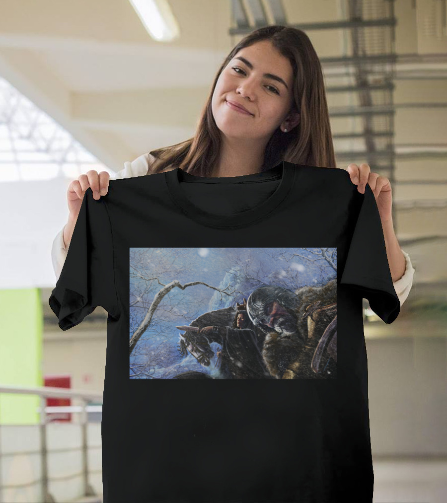 Viking Storm in Snowy Battle Scene with Warriors and Horses T-Shirt