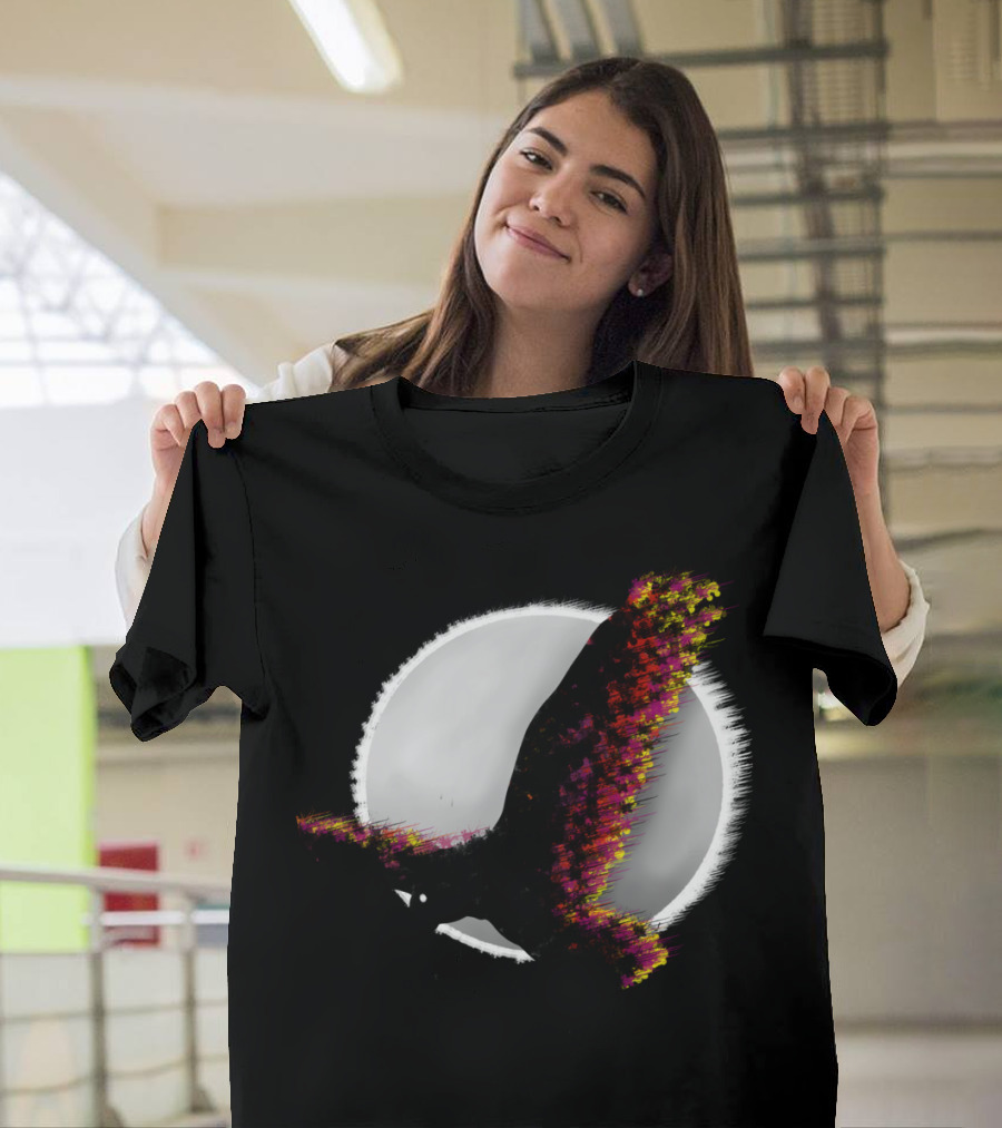 Raven Flying in Front of White Full Moon with Vibrant Color Accents T-Shirt