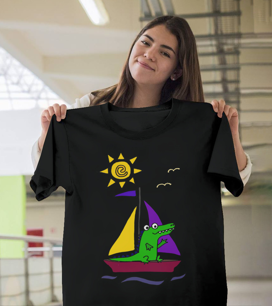 Cool Funny Alligator on Colorful Sailboat Under Shining Sun T-Shirt