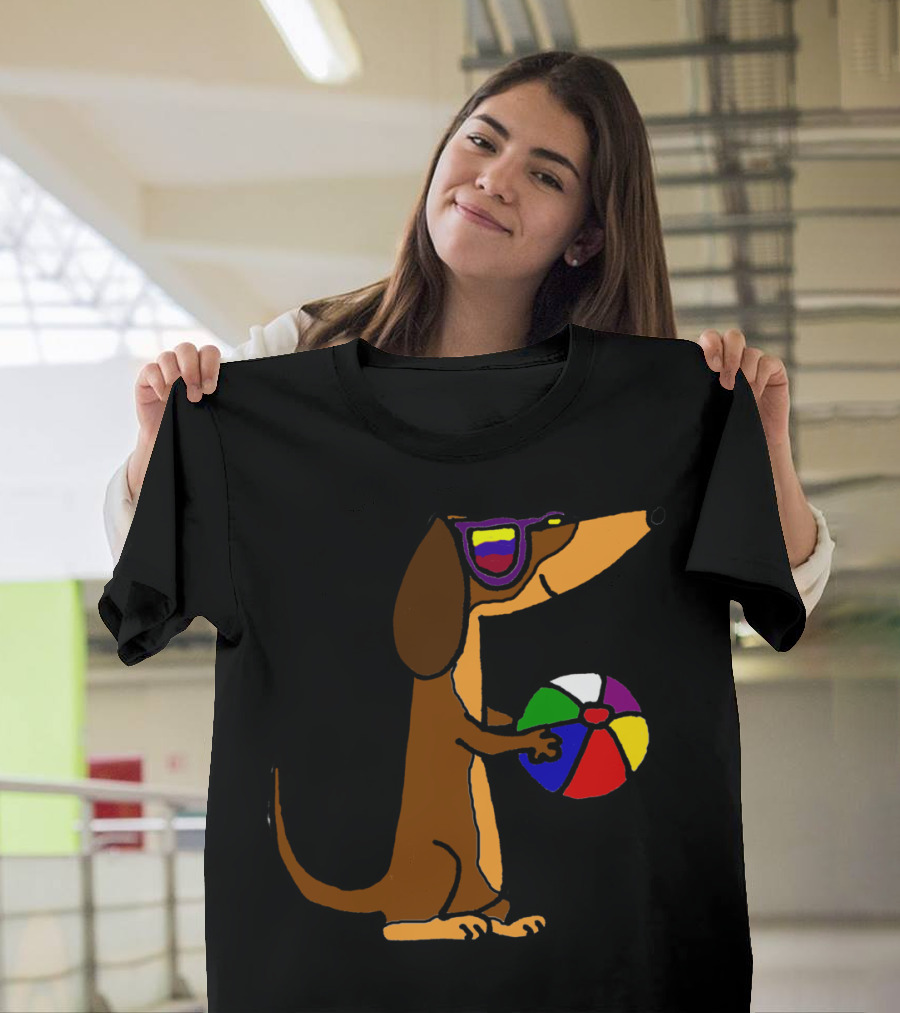 Cool Dachshund Beach Vibes with Sunglasses and Colorful Ball T-Shirt