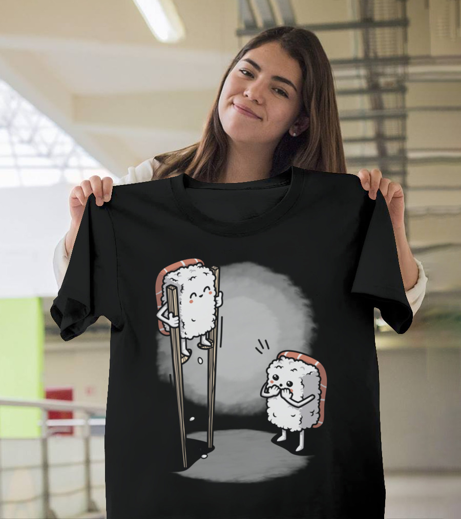 Sushi Balancing on Chopsticks with Cute Rice Character Watching T-Shirt