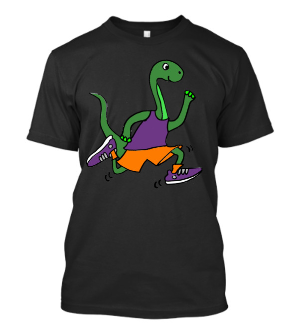 Cool Funny Green Brontosaurus Dinosaur Jog In Purple Sneakers And Orange Shorts T-Shirt